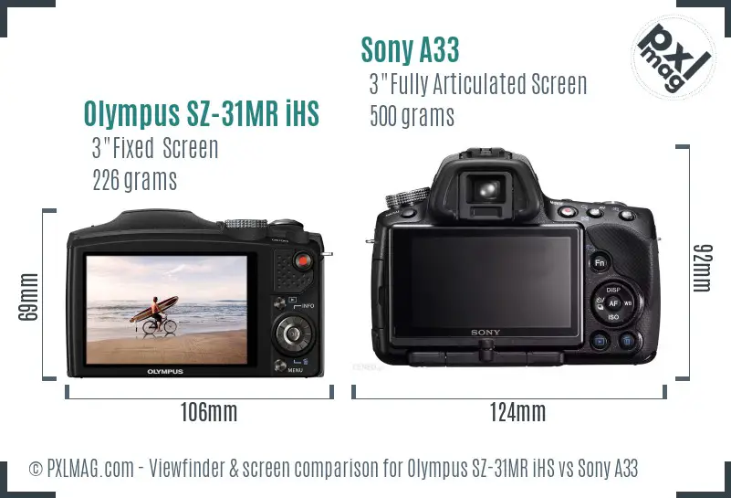 Olympus SZ-31MR iHS vs Sony A33 Screen and Viewfinder comparison