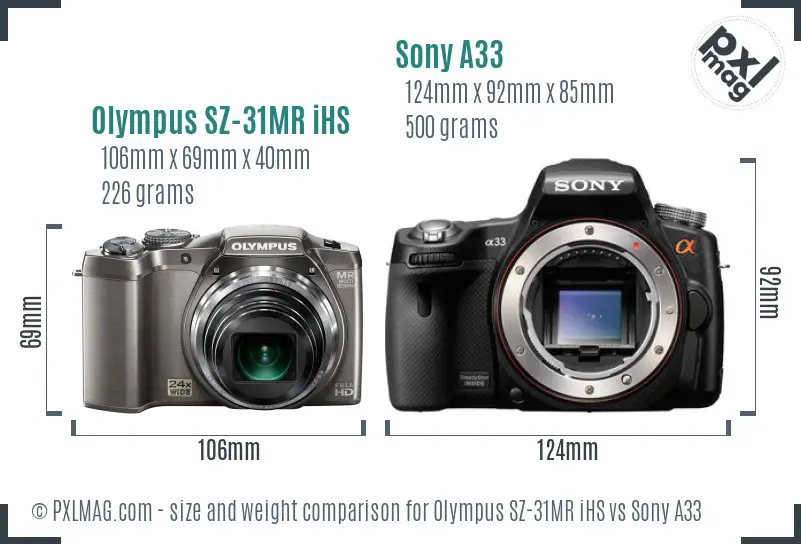 Olympus SZ-31MR iHS vs Sony A33 size comparison