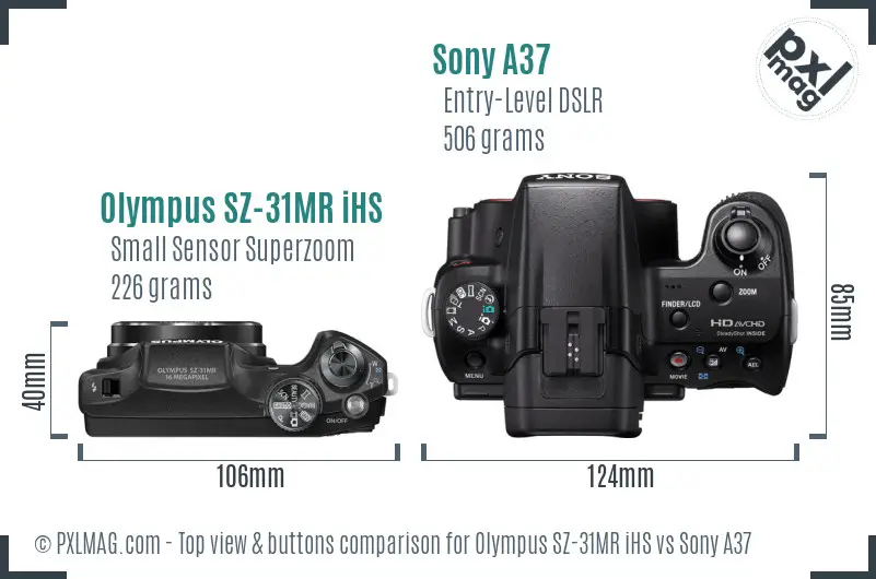 Olympus SZ-31MR iHS vs Sony A37 top view buttons comparison