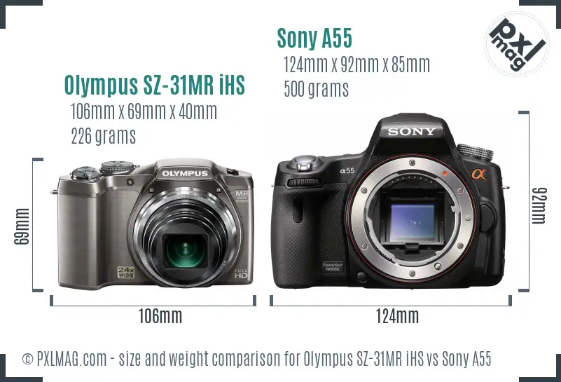 Olympus SZ-31MR iHS vs Sony A55 size comparison