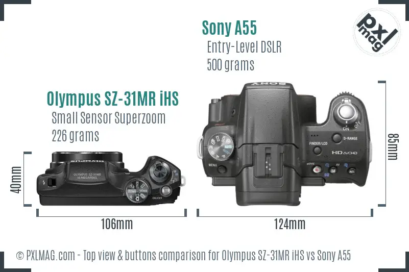 Olympus SZ-31MR iHS vs Sony A55 top view buttons comparison