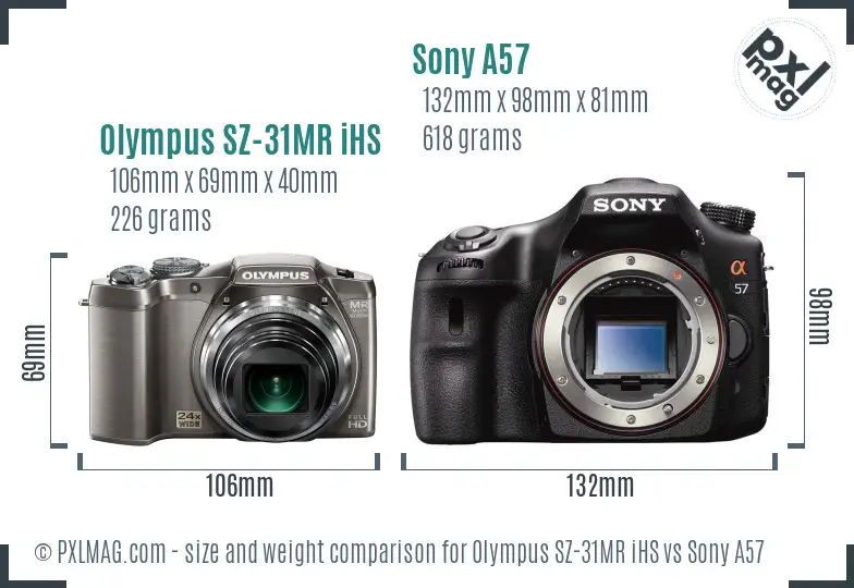 Olympus SZ-31MR iHS vs Sony A57 size comparison