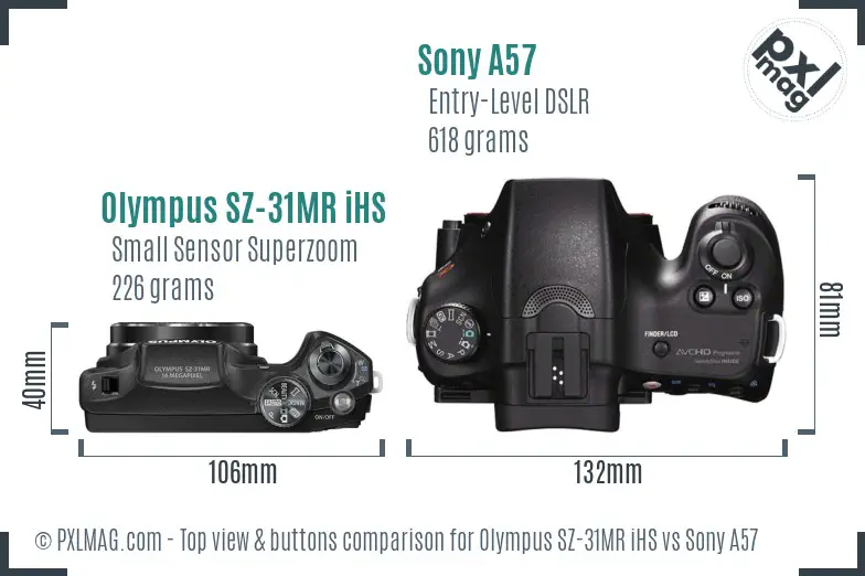 Olympus SZ-31MR iHS vs Sony A57 top view buttons comparison