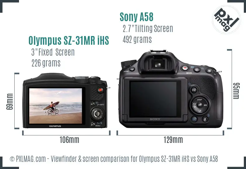 Olympus SZ-31MR iHS vs Sony A58 Screen and Viewfinder comparison