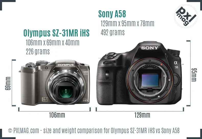 Olympus SZ-31MR iHS vs Sony A58 size comparison