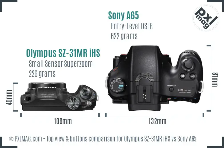 Olympus SZ-31MR iHS vs Sony A65 top view buttons comparison