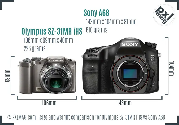 Olympus SZ-31MR iHS vs Sony A68 size comparison