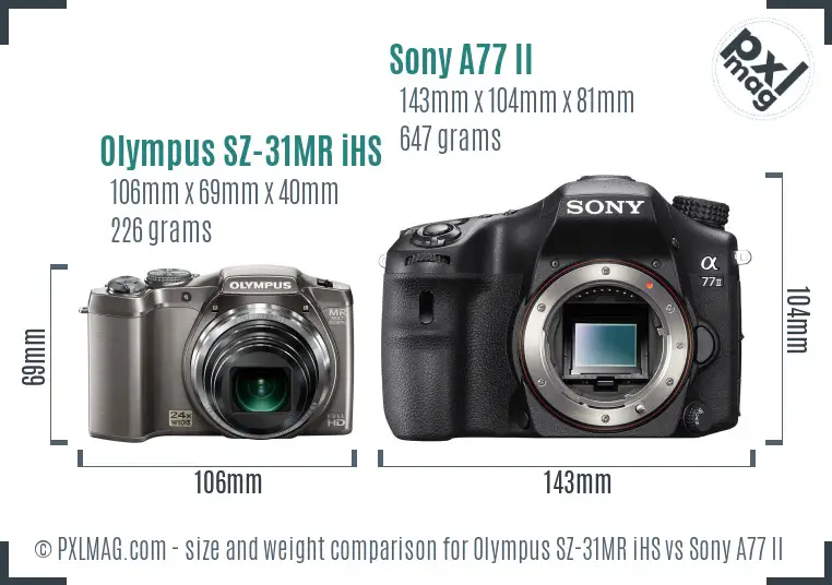 Olympus SZ-31MR iHS vs Sony A77 II size comparison