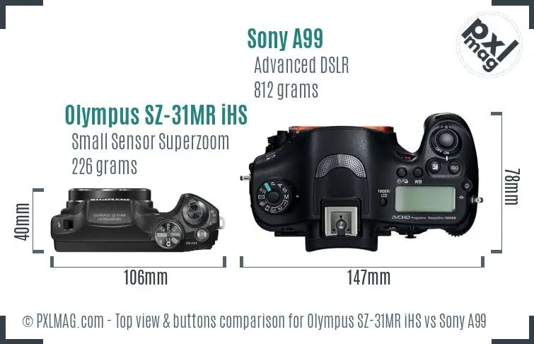 Olympus SZ-31MR iHS vs Sony A99 top view buttons comparison