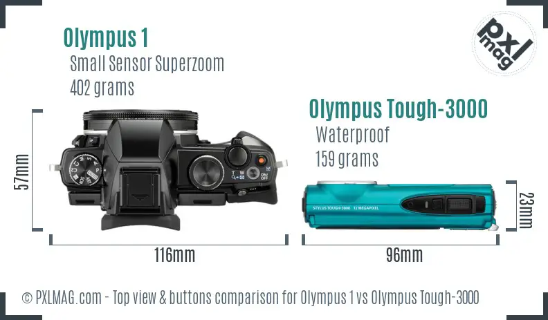 Olympus 1 vs Olympus Tough-3000 top view buttons comparison