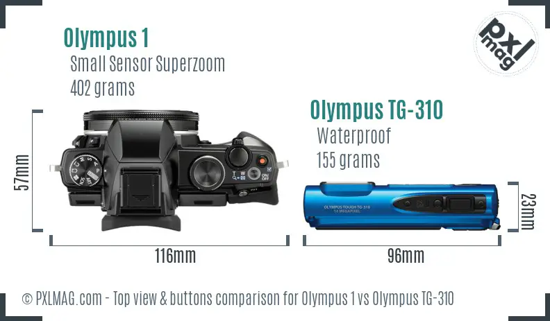 Olympus 1 vs Olympus TG-310 top view buttons comparison