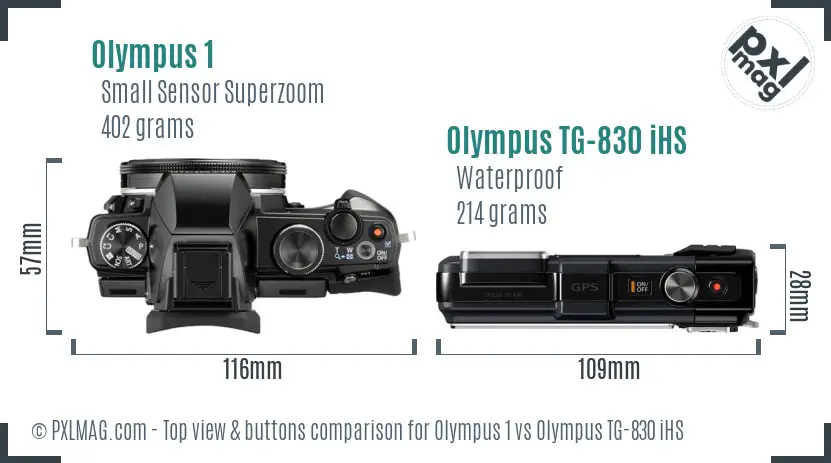 Olympus 1 vs Olympus TG-830 iHS top view buttons comparison