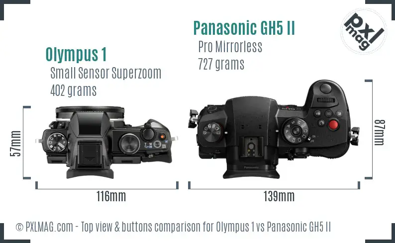 Olympus 1 vs Panasonic GH5 II top view buttons comparison Olympus 1 vs Panasonic GH5 II top view buttons comparison
