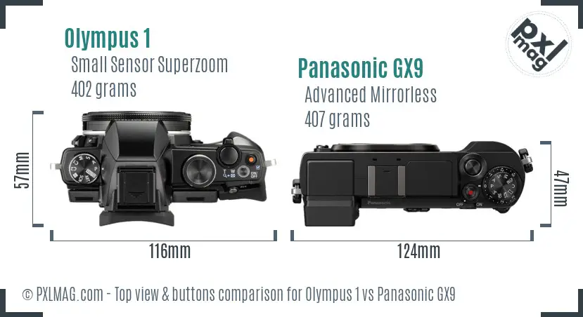 Olympus 1 vs Panasonic GX9 top view buttons comparison
