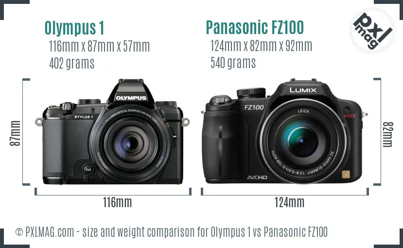 Olympus 1 vs Panasonic FZ100 size comparison