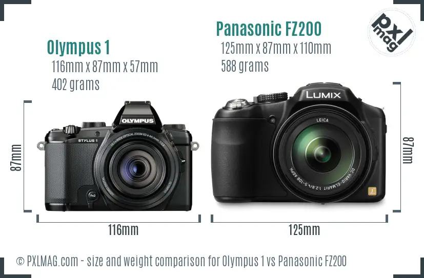 Olympus 1 vs Panasonic FZ200 size comparison