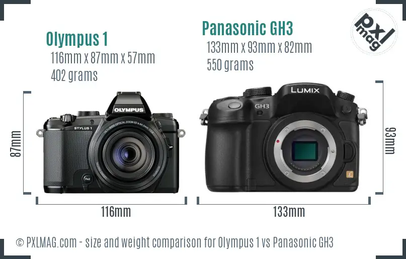Olympus 1 vs Panasonic GH3 size comparison