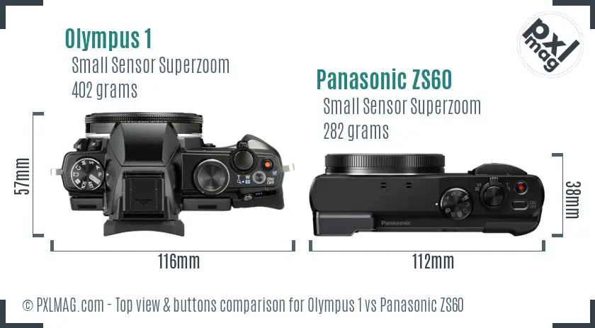 Olympus 1 vs Panasonic ZS60 top view buttons comparison