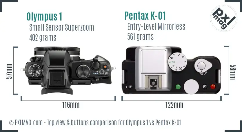 Olympus 1 vs Pentax K-01 top view buttons comparison