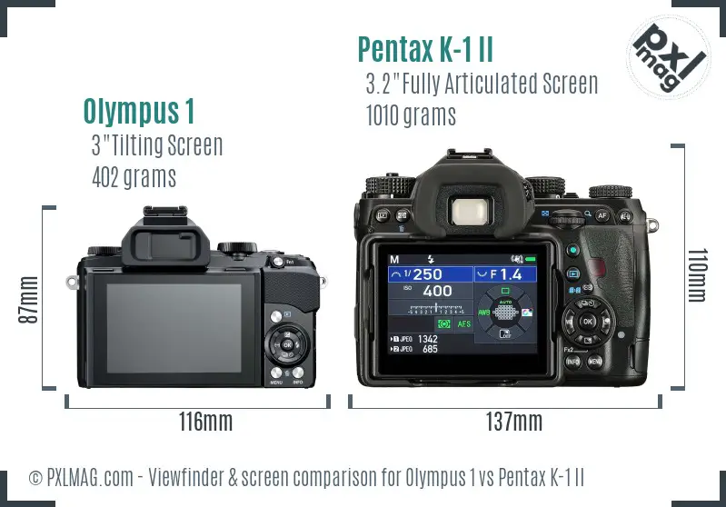 Olympus 1 vs Pentax K-1 II Screen and Viewfinder comparison
