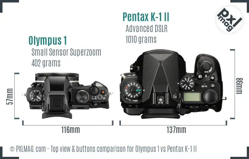 Olympus 1 vs Pentax K-1 II top view buttons comparison