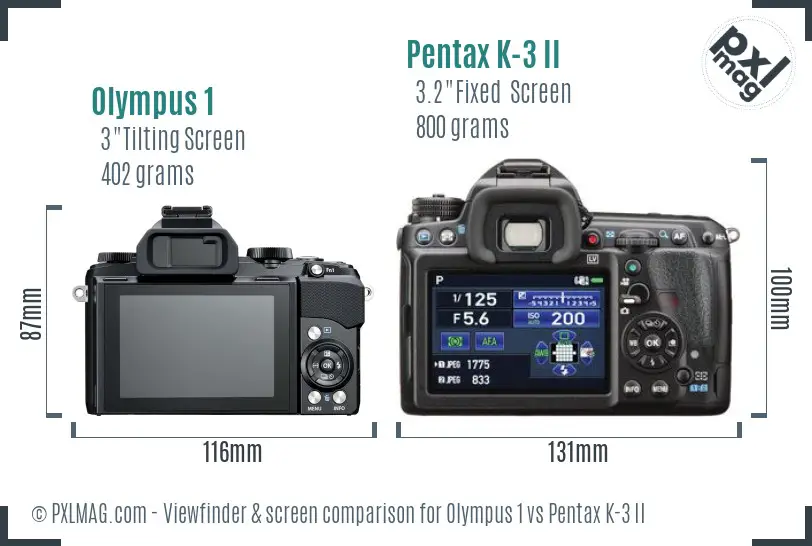 Olympus 1 vs Pentax K-3 II Screen and Viewfinder comparison