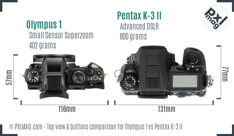 Olympus 1 vs Pentax K-3 II top view buttons comparison