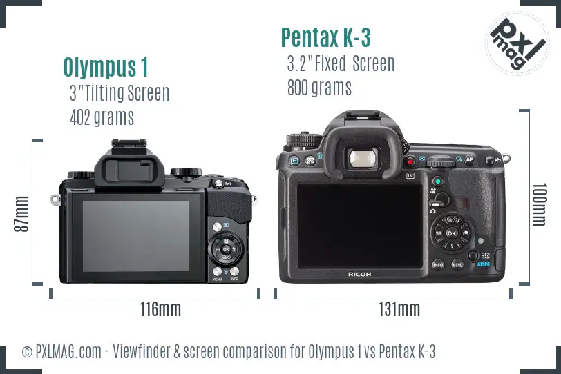 Olympus 1 vs Pentax K-3 Screen and Viewfinder comparison