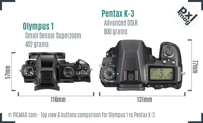 Olympus 1 vs Pentax K-3 top view buttons comparison