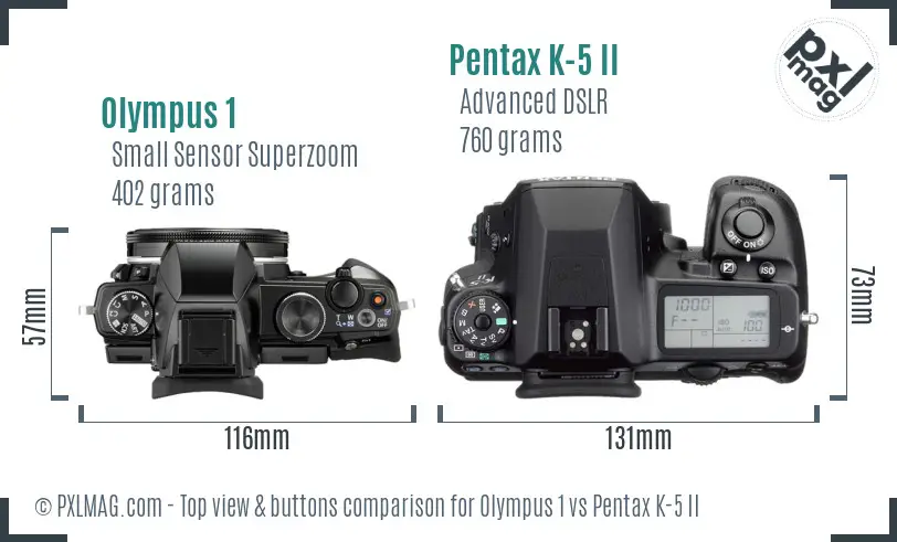 Olympus 1 vs Pentax K-5 II top view buttons comparison