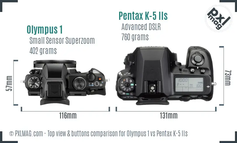 Olympus 1 vs Pentax K-5 IIs top view buttons comparison