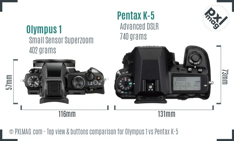 Olympus 1 vs Pentax K-5 top view buttons comparison