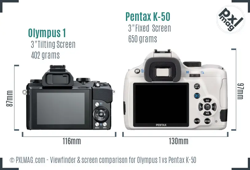Olympus 1 vs Pentax K-50 Screen and Viewfinder comparison