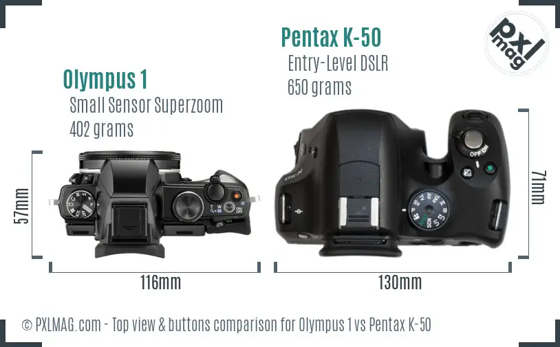 Olympus 1 vs Pentax K-50 top view buttons comparison