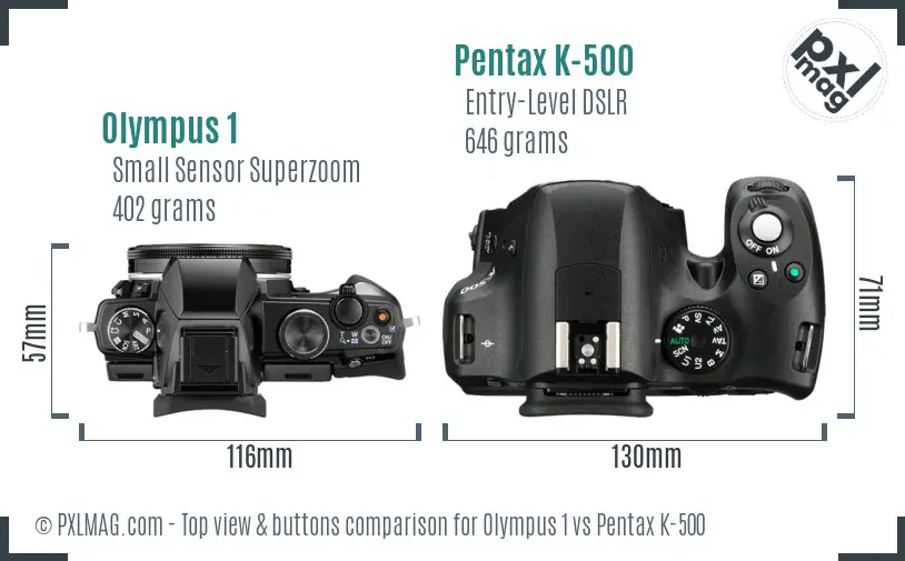 Olympus 1 vs Pentax K-500 top view buttons comparison