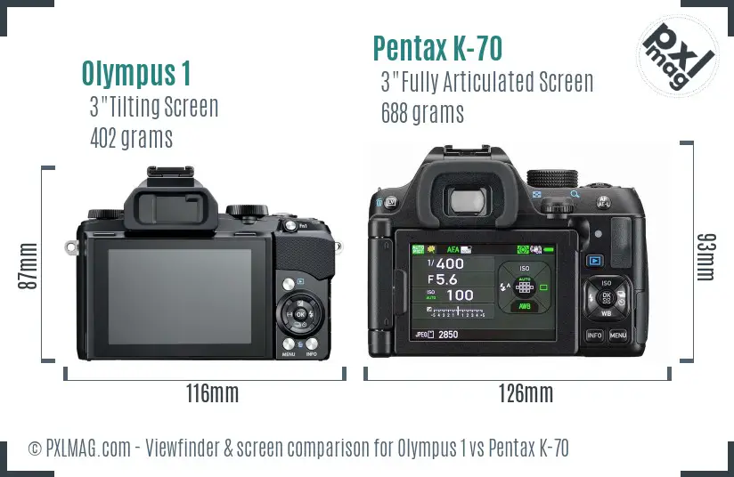 Olympus 1 vs Pentax K-70 Screen and Viewfinder comparison