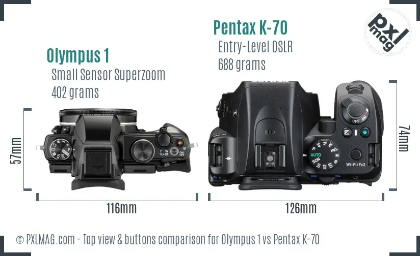 Olympus 1 vs Pentax K-70 top view buttons comparison