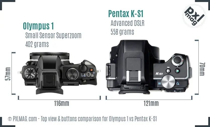 Olympus 1 vs Pentax K-S1 top view buttons comparison