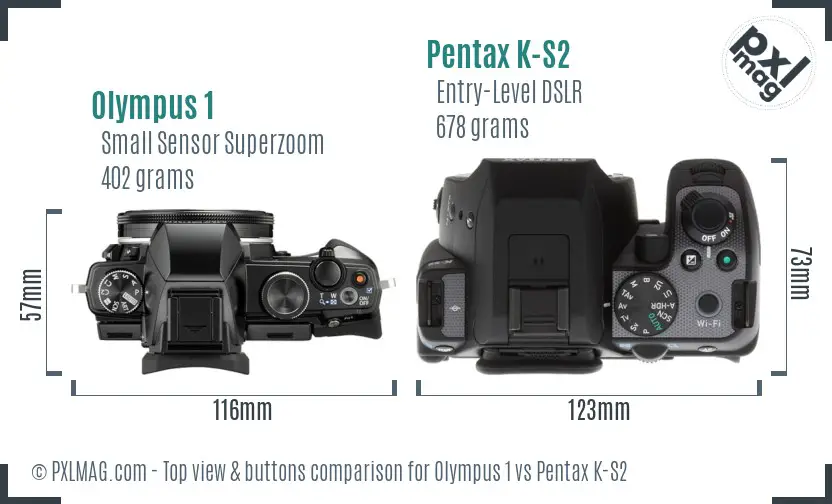 Olympus 1 vs Pentax K-S2 top view buttons comparison
