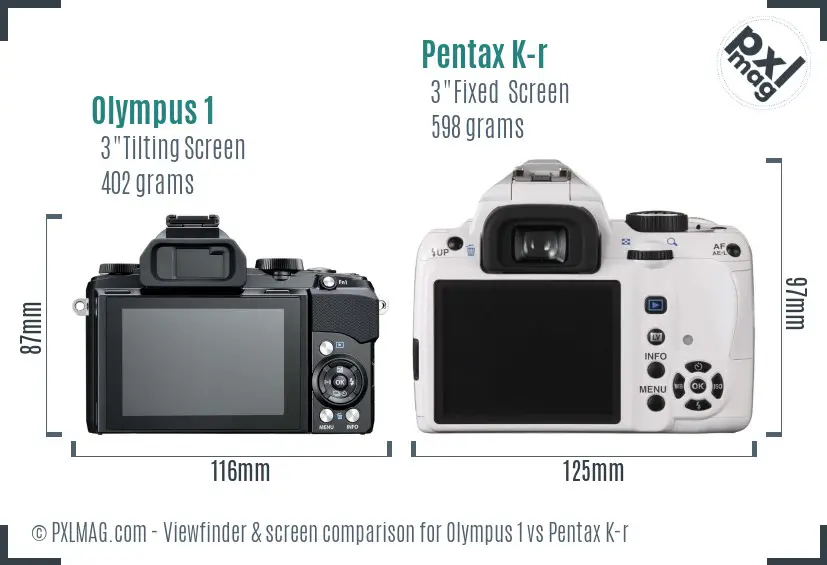 Olympus 1 vs Pentax K-r Screen and Viewfinder comparison
