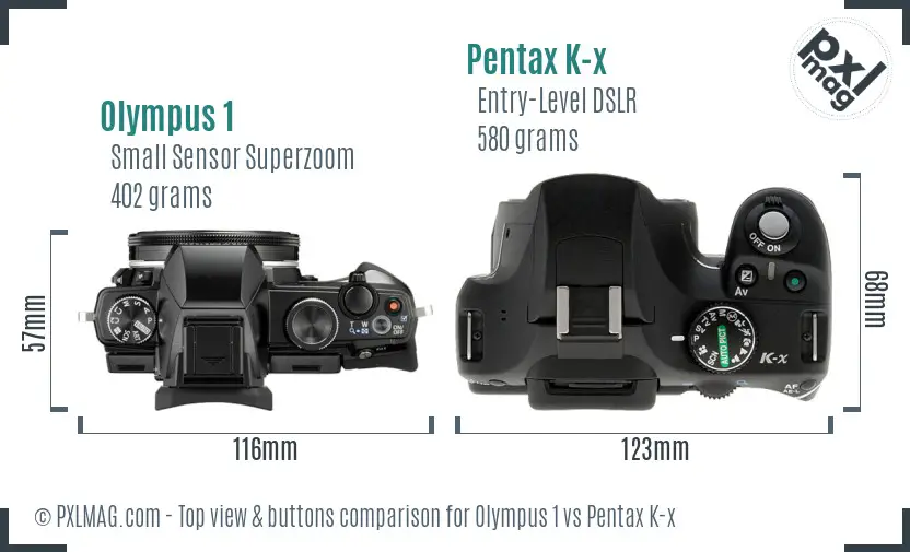 Olympus 1 vs Pentax K-x top view buttons comparison