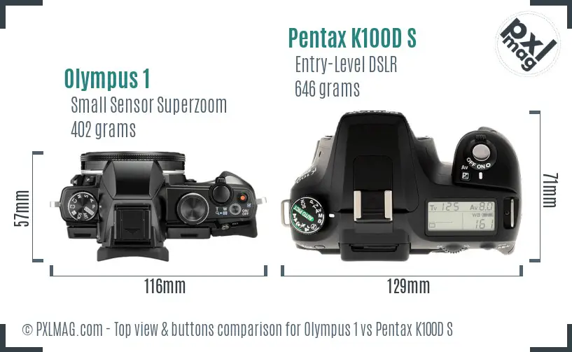 Olympus 1 vs Pentax K100D S top view buttons comparison