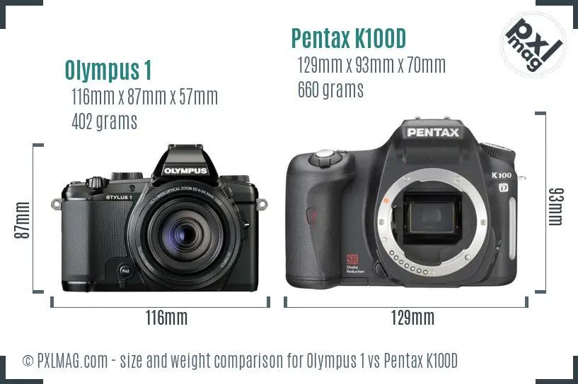 Olympus 1 vs Pentax K100D size comparison