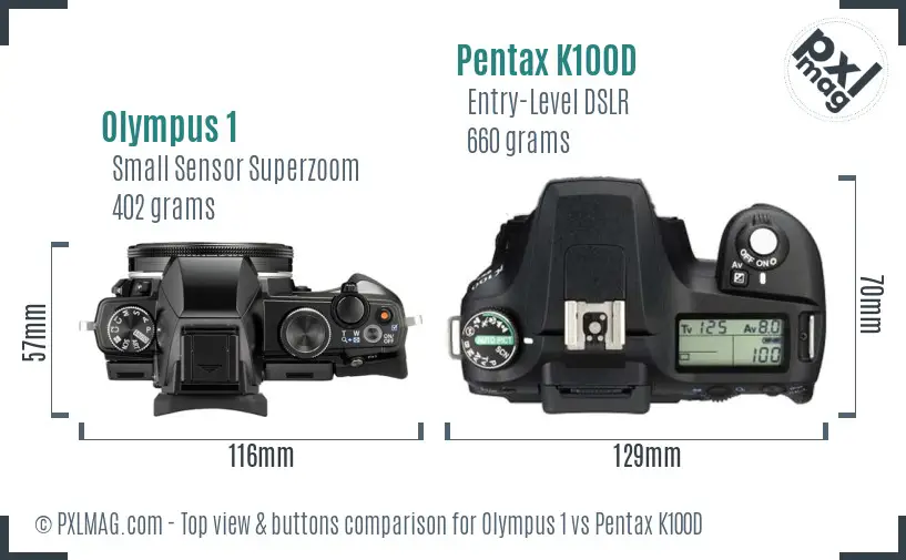 Olympus 1 vs Pentax K100D top view buttons comparison