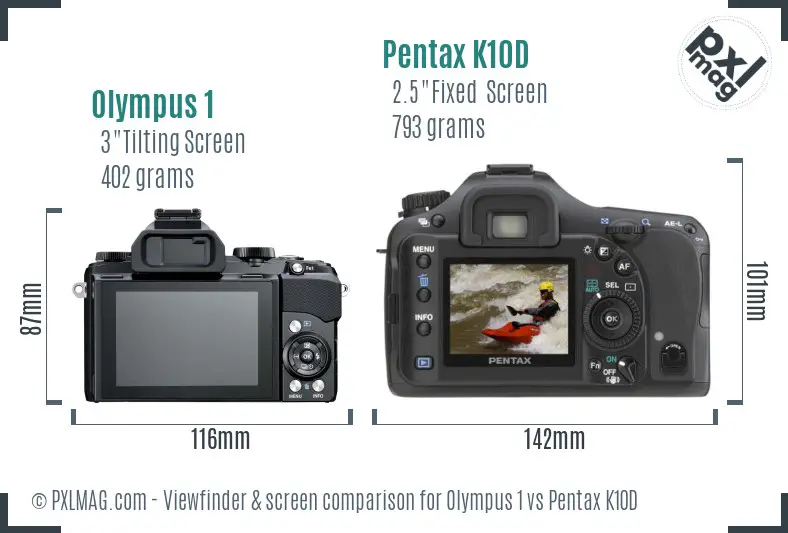 Olympus 1 vs Pentax K10D Screen and Viewfinder comparison