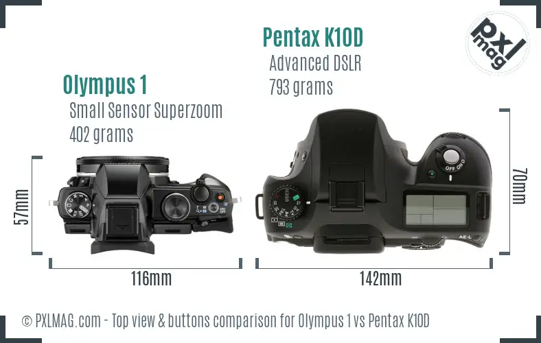 Olympus 1 vs Pentax K10D top view buttons comparison