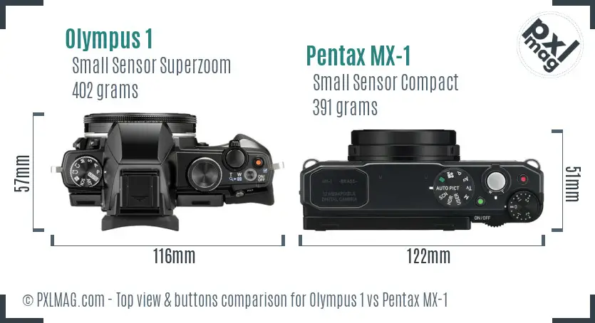 Olympus 1 vs Pentax MX-1 top view buttons comparison