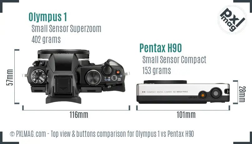 Olympus 1 vs Pentax H90 top view buttons comparison