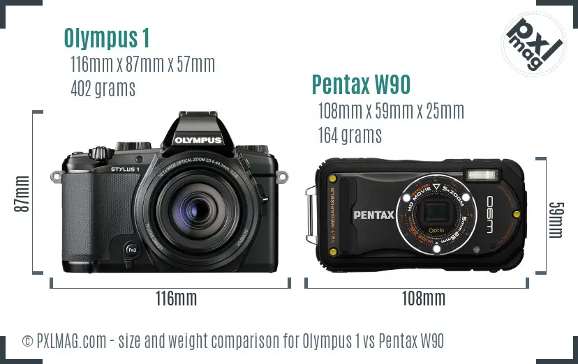 Olympus 1 vs Pentax W90 size comparison
