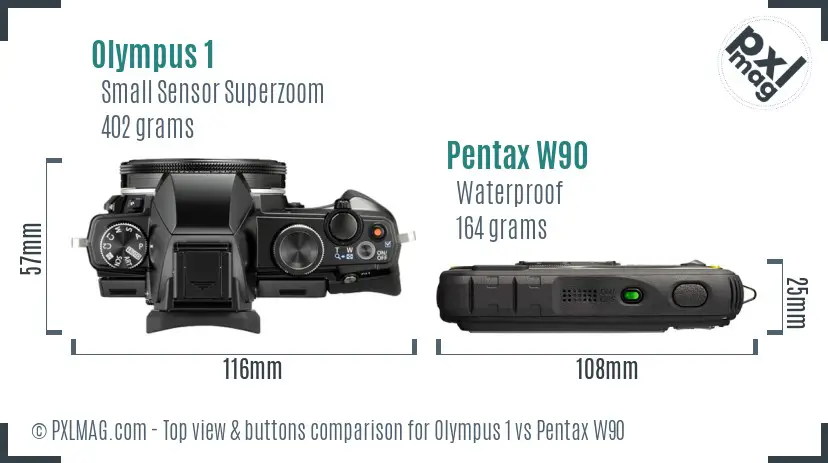Olympus 1 vs Pentax W90 top view buttons comparison